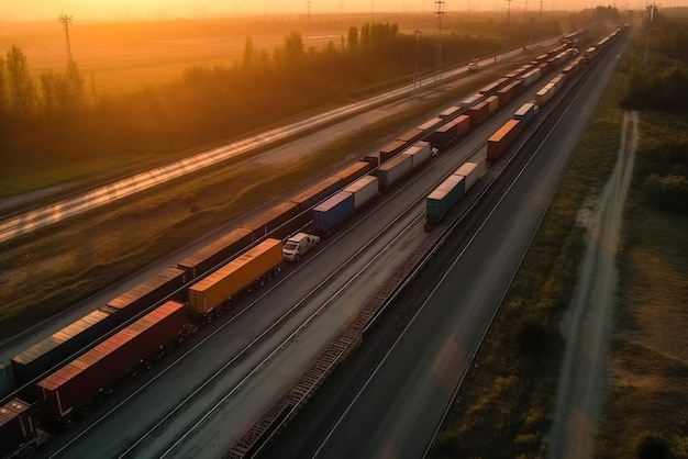 Transporter auf der Autobahn unter der untergehenden Sonne