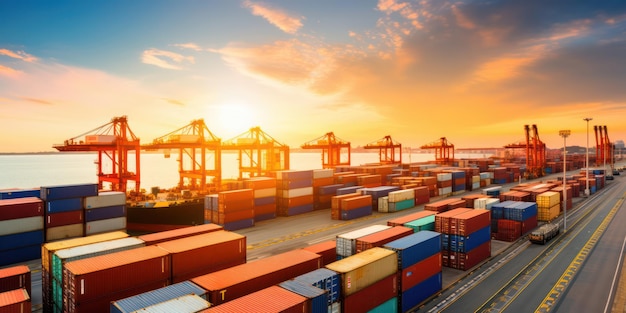 Transportes marítimos eficientes de carga no porto global, contêineres empilhados, guindastes ocupados e cais em ambiente industrial