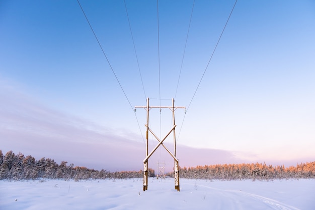 Transposición de torres de transmisión de energía en el bosque nevado del norte