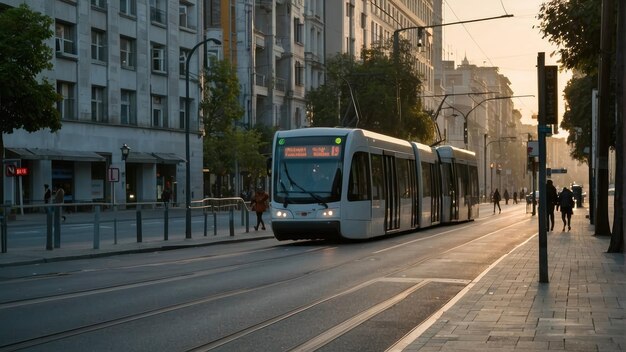 El tranvía se acerca en la luz de la tarde