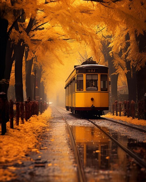 Foto el tranvía amarillo viaja a lo largo de las vías del tren