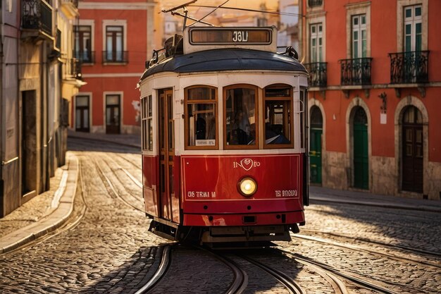 El tranvía antiguo al atardecer en Lisboa