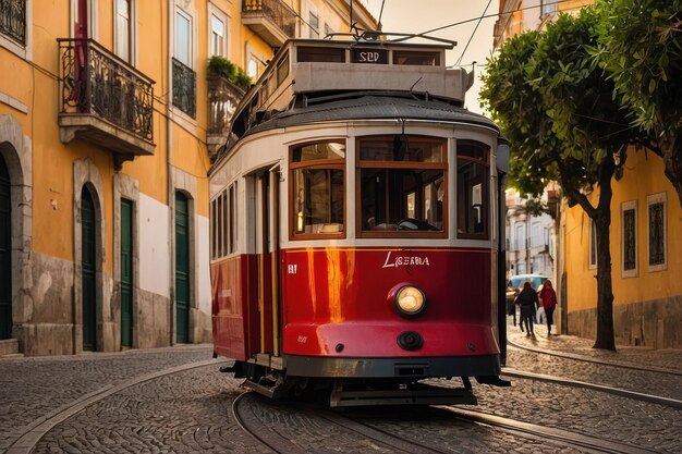 El tranvía antiguo al atardecer en Lisboa