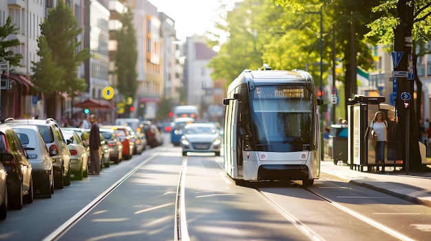 El tranvía azul futurista en el centro de una ciudad para transmitir una sensación de modernidad, innovación y progreso en el transporte urbano