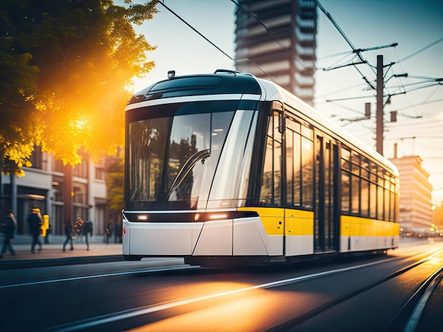 Tranvía eléctrico moderno que circula por las calles ai generativo.