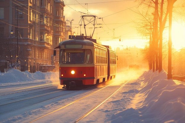 Foto el tranvía de época se desliza a través de los inviernos abrazarse al atardecer