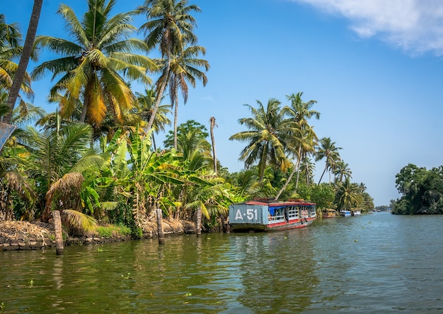 Tranvía fluvial en el río junto a las palmeras de Alleppey, Kerala, India.