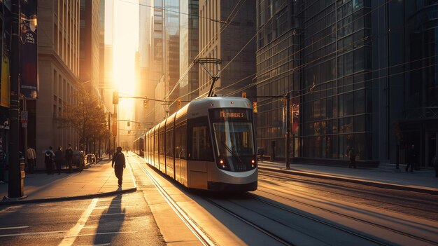 Foto el tranvía moderno se desliza suavemente a lo largo del bulevar sus vías reflejan la luz