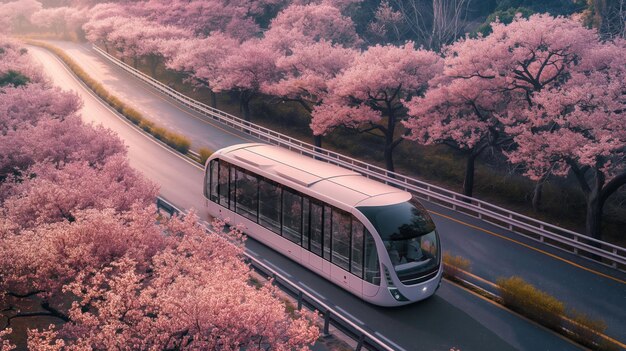 Un tranvía moderno en una ruta panorámica rodeado de cerezas en flor