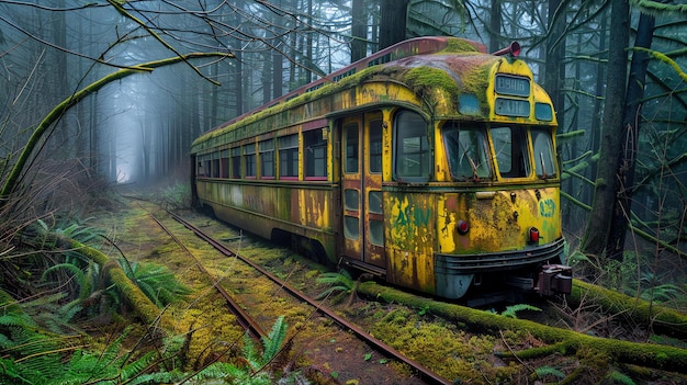 Tranvía oxidado y abandonado en medio de un bosque exuberante