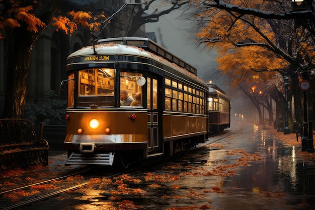 El tranvía recorre la calle de otoño de la ciudad vieja.