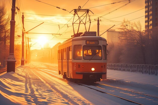 El tranvía rústico viaja a través de las llanuras nevadas en un resplandor dorado