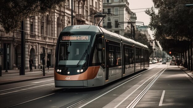 Un tranvía urbano que pasa por una calle concurrida generado por IA