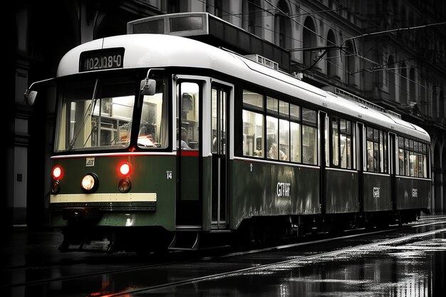 Foto un tranvía verde y blanco en la calle por la noche