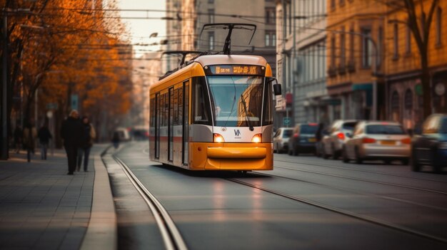 Un tranvía viaja por las calles de la ciudad