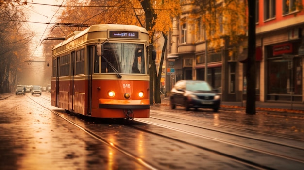 Un tranvía viaja por las calles de la ciudad