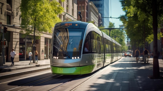 Un tranvía viaja por las calles de la ciudad