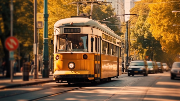 Un tranvía viaja por las calles de la ciudad