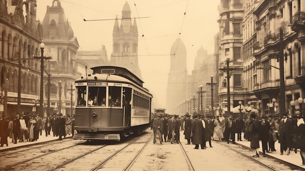 Tranvía vintage tonado en sepia con pasajeros y peatones a principios del siglo XX