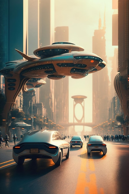 Los tranvías de la ciudad futurista conducen por la carretera bajo la IA generativa de un edificio fantástico