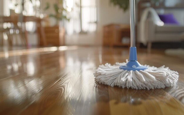 Foto un trapeador azul y blanco se desliza por un brillante piso de madera dura dejando un rastro de superficie limpia y brillante a su paso