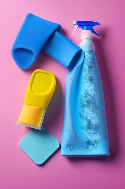 Trapos de guantes de goma y esponja para lavar platos aislados sobre un fondo rosa y azul