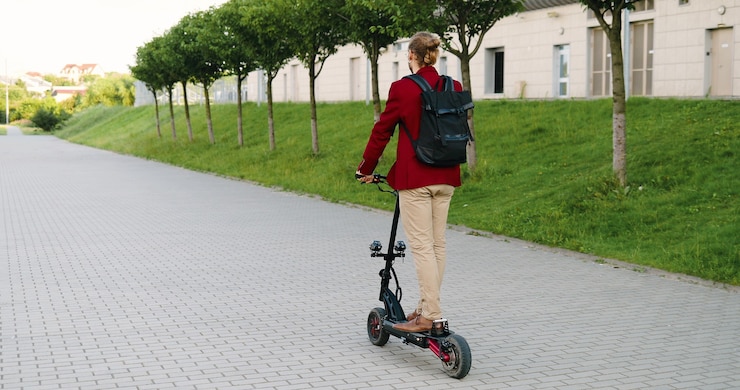 Foto traseira em jovem homem bonito caucasiano com mochila andando de scooter elétrica na rua da cidade. cidade moderna. vista traseira na elegante cara feliz na jaqueta vermelha, se divertindo com um passeio no veículo. condução masculina.
