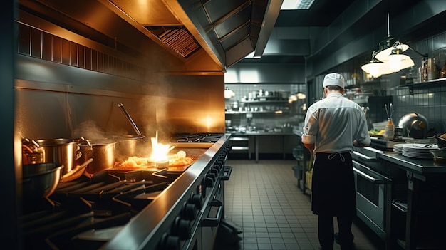 El trasero de un chef está cocinando en la cocina de un restaurante moderno IA generativa