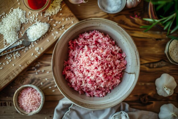 El trasfondo del arroz rosa nuevo y saludable