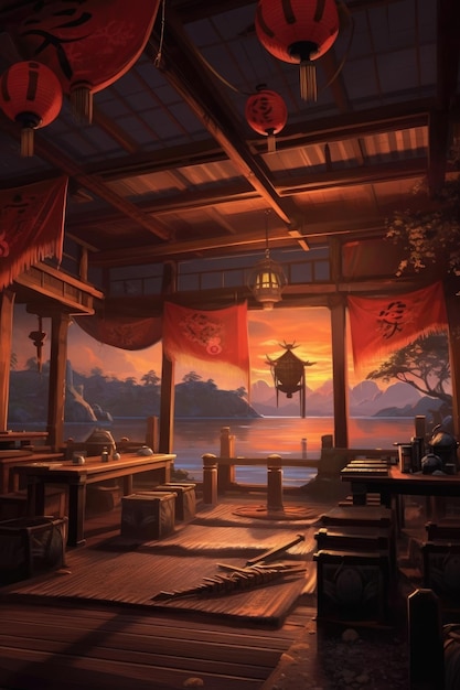 El trasfondo de los entornos artísticos de los juegos Samurai Ilustración IA generativa