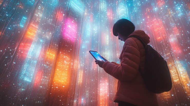 Foto el trasfondo de las personas que usan teléfonos inteligentes en luces de neón futuristas