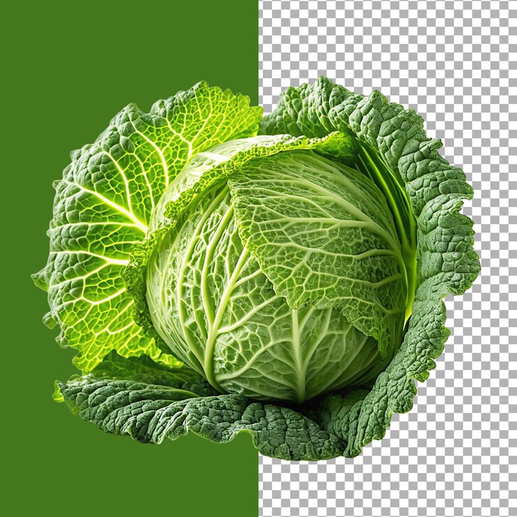 El trasfondo transparente de la col verde es una imagen de col verde fresca entera y dividida en dos.