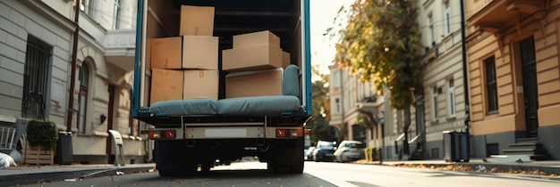 Traslado eficiente Profesionales de mudanzas que transportan muebles y cajas de cartón del camión a la calle con experiencia y cuidado