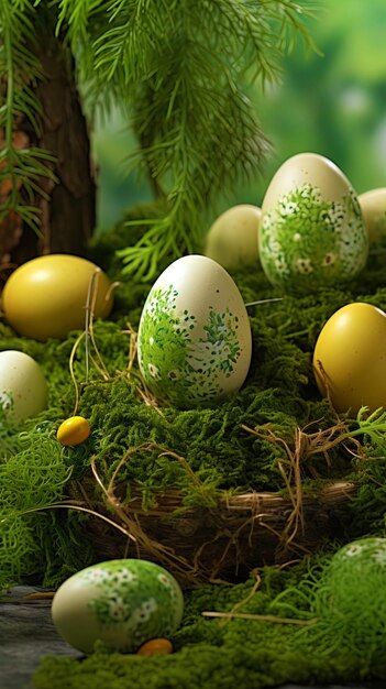 Foto traslado tradicional de pascua con huevos pintados y musgo verde