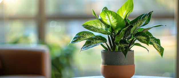 Foto trasplante de la planta de nieve tropical dieffenbachia con sistema de riego automático en una olla doble