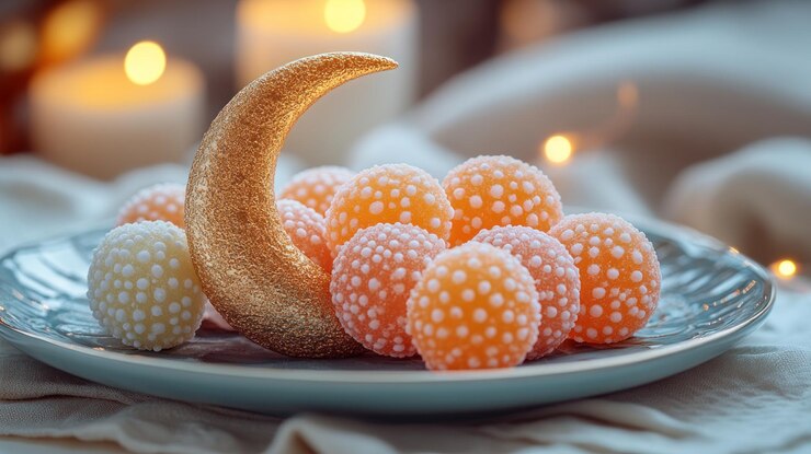 Trata decorativa una luna media dorada y dulces en un plato con velas en el fondo