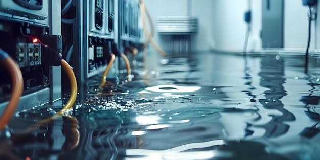 Foto tratamento de danos causados pela água na sala elétrica limpar a área inundada com cabos submersos do derretimento da neve ou do rompimento do cano conceito restauração de danos provocados pela água medidas de segurança elétrica