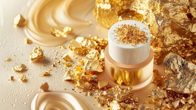 Tratamento de pele de ouro e luxo que representa a opulência e a eficácia do cuidado da pele infundido com ouro