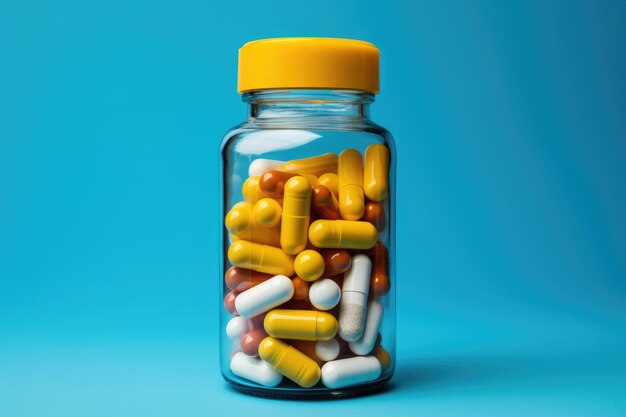 Tratamento de pílulas de estilo de vida saudável e vitaminas para a saúde em uma jarra nutriologia