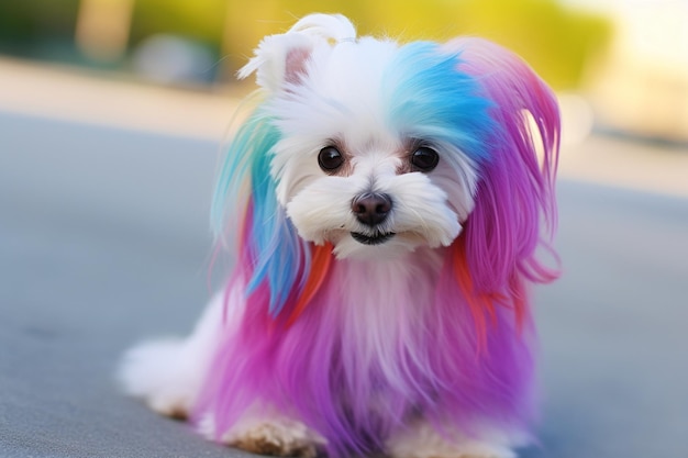 Tratamento elegante para cachorro branco com cabelo colorido Generative By Ai