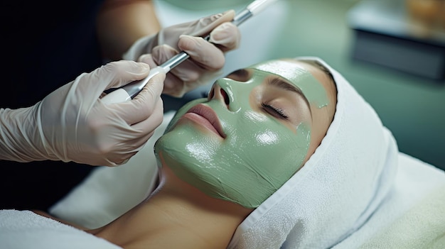 tratamento facial aplicando uma máscara verde rejuvenescedora por um profissional qualificado usando luvas brancas