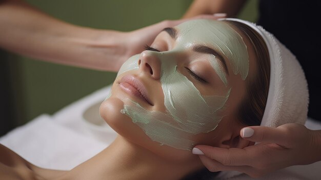 Tratamento facial de spa com aplicação de máscara verde rejuvenescente feminina por um cosmetologista profissional qualificado