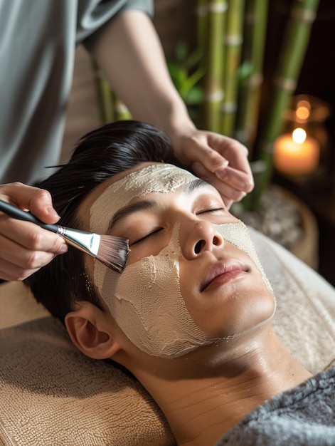 Tratamento facial de spa no rosto de um homem asiático
