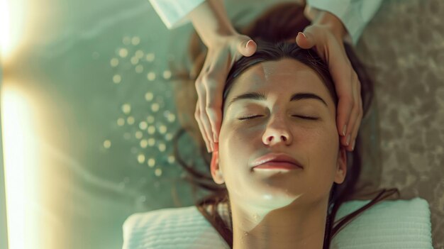 Tratamento facial relaxante em mulher em spa com iluminação dourada suave