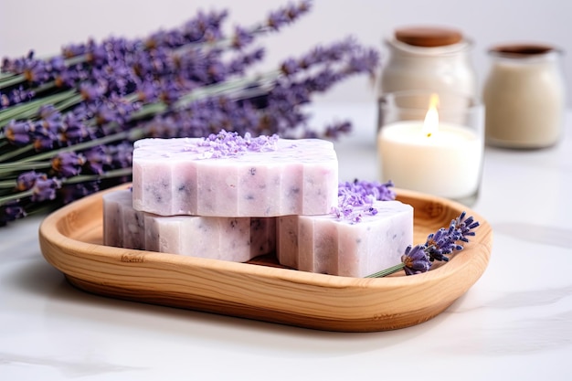 Tratamiento de belleza con productos de spa de lavanda hechos a mano expuestos en una mesa blanca que incluye jabón ess