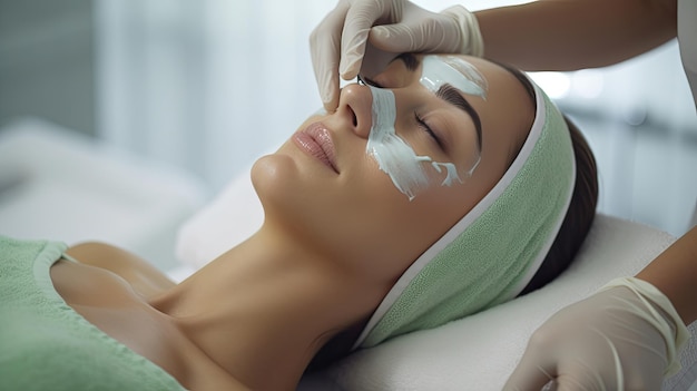 tratamiento facial aplicando una máscara verde rejuvenecedora por un profesional calificado con guantes blancos