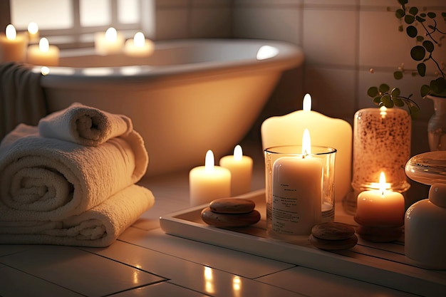 Tratamiento de spa en casa con velas en baño con velas creadas con ai generativo