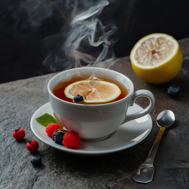 Foto tratar la taza fría con té caliente con limón y bayas se encuentra en una mesa