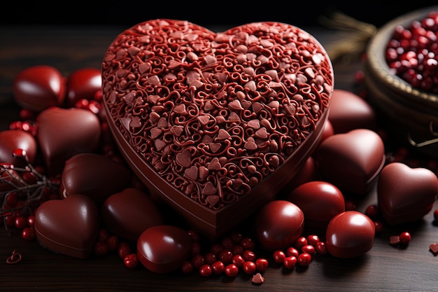 Trato tentador Corazón rojo formado por un delicioso chocolate rodeado por un fascinante fondo de cacao tentador con su atractivo ilustración generativa ai