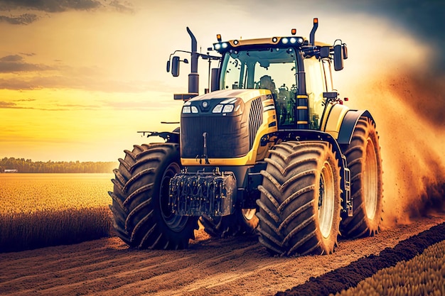 Foto trator agrícola moderno com rodas grandes atravessa o campo agrícola